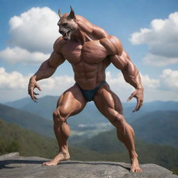 A Therian shape-shifter, transformed into a muscular animal form, practicing vigorous quadrobics training against a beautiful natural backdrop.