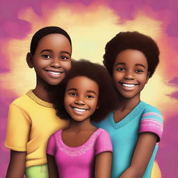 A top-quality digital art image showcasing Fernanda, a young black girl, with her twin brothers and parents