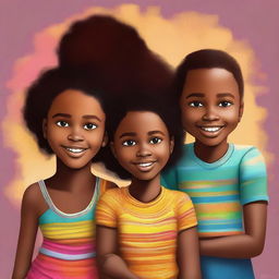 A top-quality digital art image showcasing Fernanda, a young black girl, with her twin brothers and parents