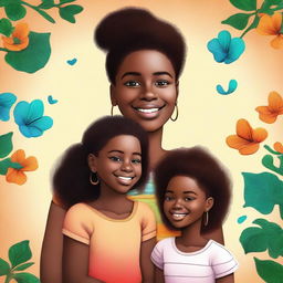 A top-quality digital art image showcasing Fernanda, a young black girl, with her twin brothers and parents