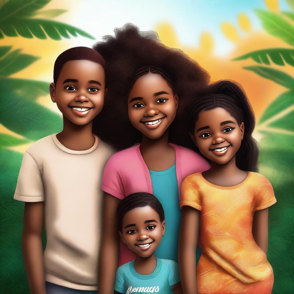 A top-quality digital art image showcasing Fernanda, a young black girl, with her twin brothers and parents