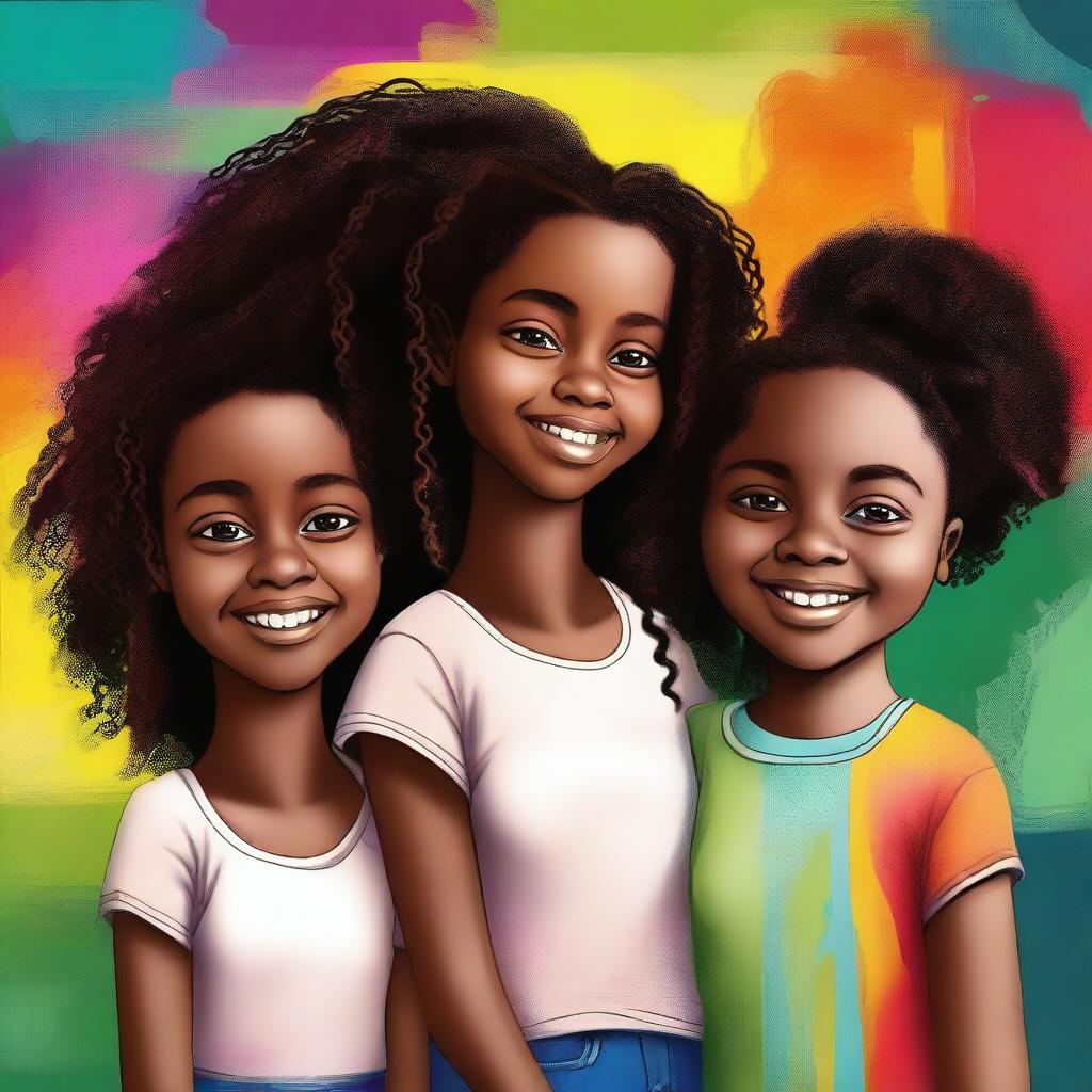 A high-quality digital art image depicts Fernanda, a young black girl, along with her twin brothers and parents