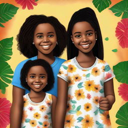 A high-quality digital art image depicts Fernanda, a young black girl, along with her twin brothers and parents