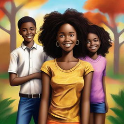 A high-quality digital art image depicts Fernanda, a young black girl, along with her twin brothers and parents