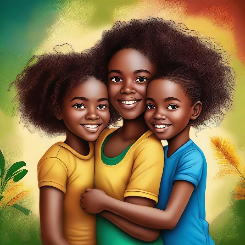 A high-quality digital art image depicts Fernanda, a young black girl, along with her twin brothers and parents