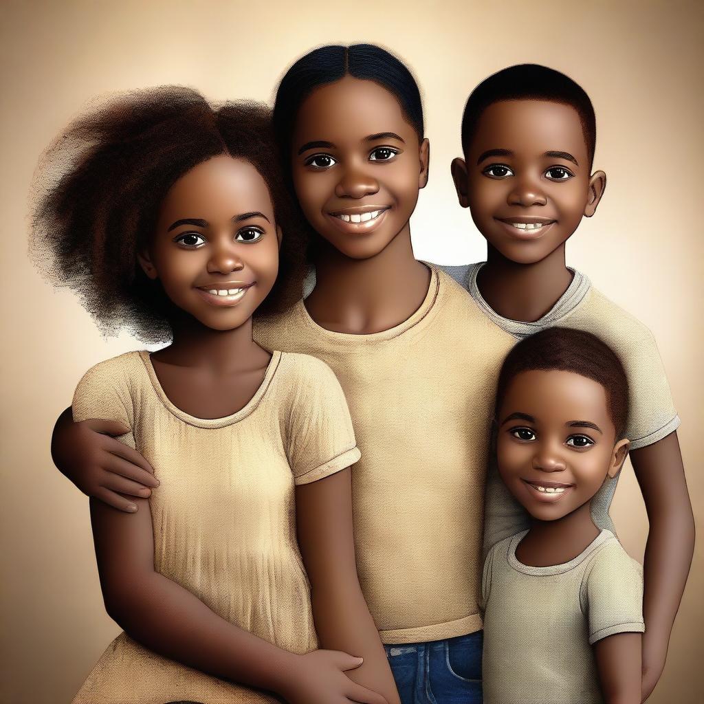 The digital art image in high resolution portrays Fernanda, a young black girl, with her twin brothers and parents