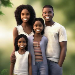 The digital art image in high resolution portrays Fernanda, a young black girl, with her twin brothers and parents