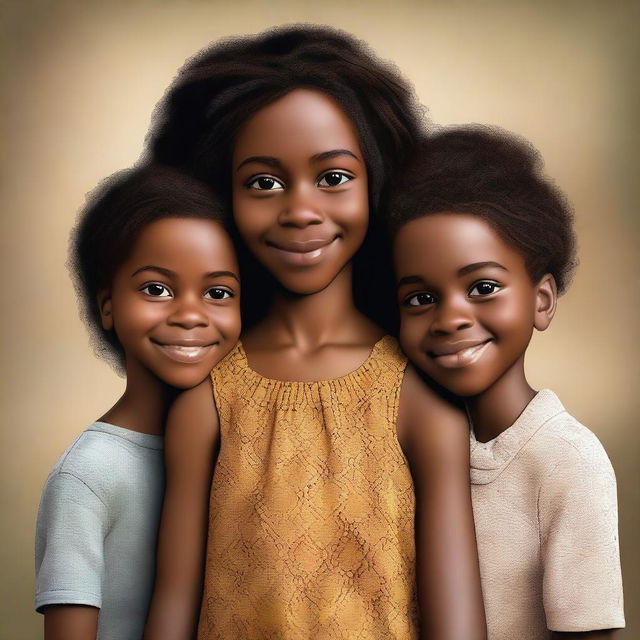 The digital art image in high resolution portrays Fernanda, a young black girl, with her twin brothers and parents