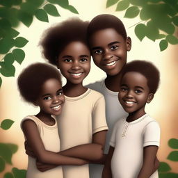 The digital art image in high resolution portrays Fernanda, a young black girl, with her twin brothers and parents