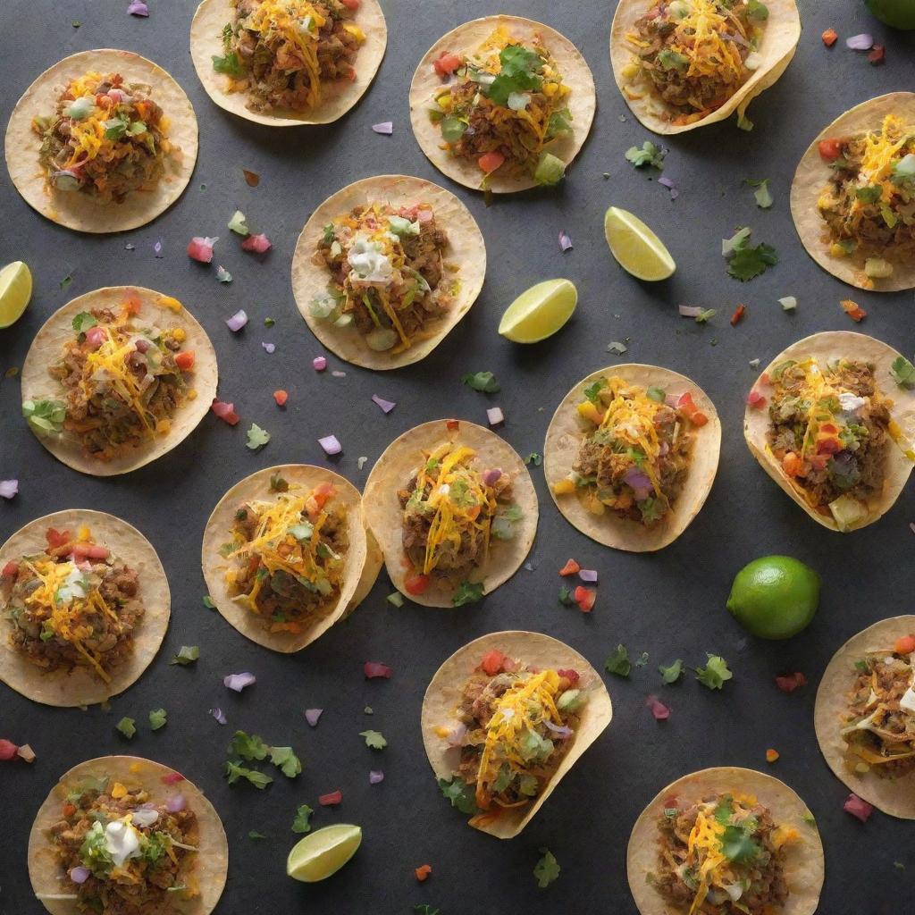 A delightful downpour of an array of colorful, delicious tacos falling from the sky, creating a fun, food-filled spectacle.