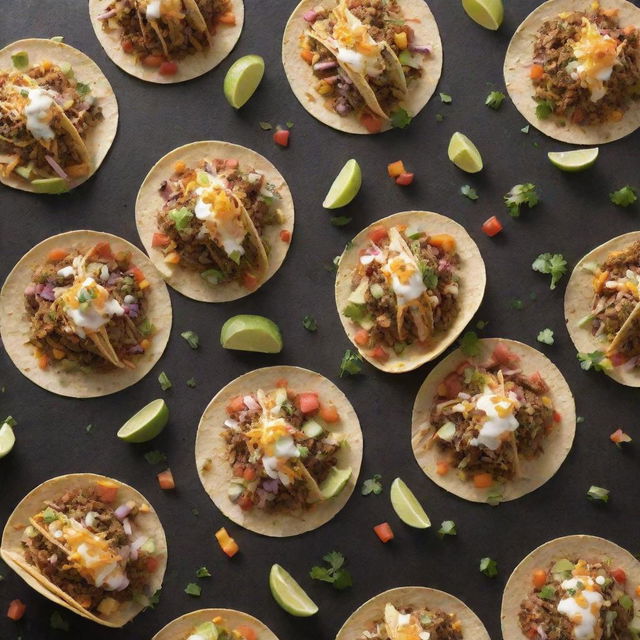 A delightful downpour of an array of colorful, delicious tacos falling from the sky, creating a fun, food-filled spectacle.