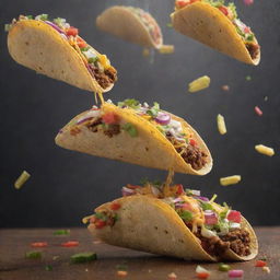 A delightful downpour of an array of colorful, delicious tacos falling from the sky, creating a fun, food-filled spectacle.