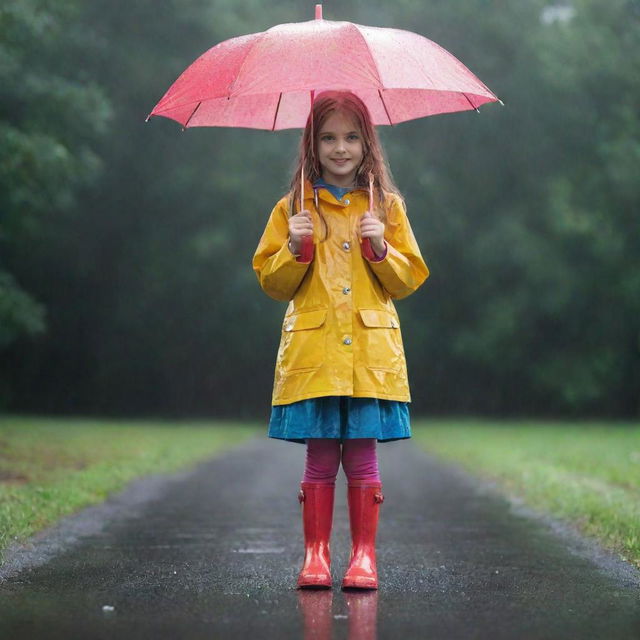 A young girl standing alone in the falling rain. She's equipped with a vividly coloured raincoat and matching boots, holding a lively umbrella, with raindrops falling on and around her.