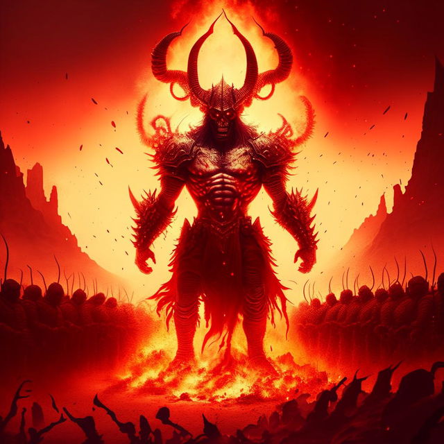 A formidable demon king levitating with a fiery aura in the fiery landscape of hell, commanding legions of demonic soldiers.