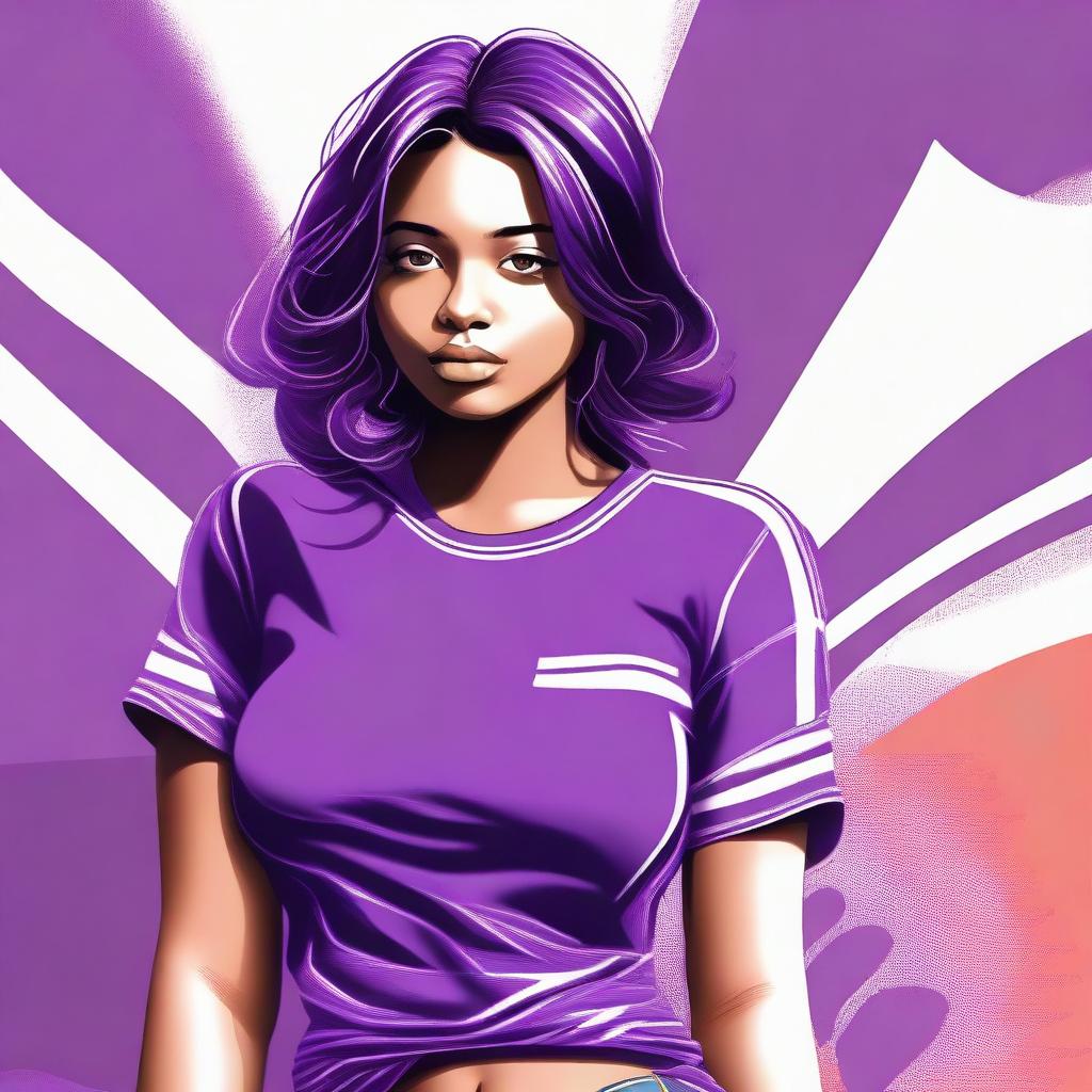 A digital art of a young woman, dressed in a purple T-shirt adorned with three thin white stripes, her figure noticeably curvaceous