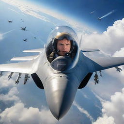 A skilled fighter jet pilot in the cockpit, skillfully maneuvering and taking down six enemy jets amidst a background of contrails and sky explosion