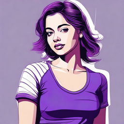 A digital art of a young woman, dressed in a purple T-shirt adorned with three thin white stripes, her figure noticeably curvaceous