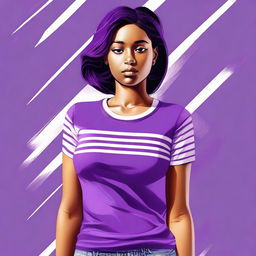 A digital art of a young woman, dressed in a purple T-shirt adorned with three thin white stripes, her figure noticeably curvaceous