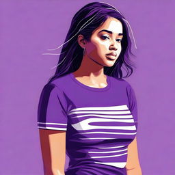 A digital art of a young woman, dressed in a purple T-shirt adorned with three thin white stripes, her figure noticeably curvaceous