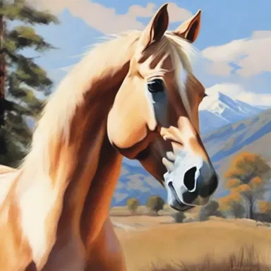 The artist painted a beautiful portrait of a palomino horse against a scenic landscape.