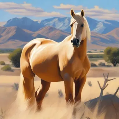 The artist painted a beautiful portrait of a palomino horse against a scenic landscape.