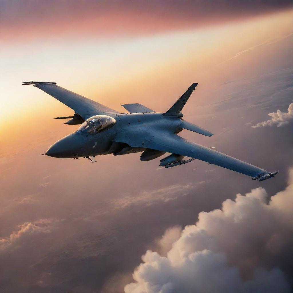 A valiant fighter jet pilot mid-action, skillfully maneuvering their aircraft to take down six incoming enemy jets enveloped in a fiery twilight sky