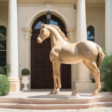 The luxurious mansion was adorned with exquisite palomino horse statues, adding elegance to the grand entrance.