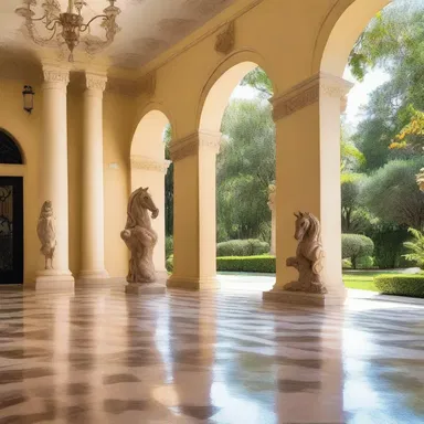 The luxurious mansion was adorned with exquisite palomino horse statues, adding elegance to the grand entrance.