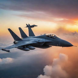 A valiant fighter jet pilot mid-action, skillfully maneuvering their aircraft to take down six incoming enemy jets enveloped in a fiery twilight sky