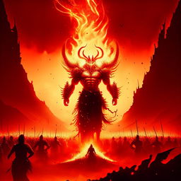 A formidable demon king levitating with a fiery aura in the fiery landscape of hell, commanding legions of demonic soldiers.