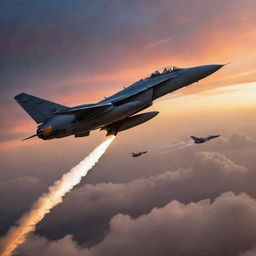 A valiant fighter jet pilot mid-action, skillfully maneuvering their aircraft to take down six incoming enemy jets enveloped in a fiery twilight sky