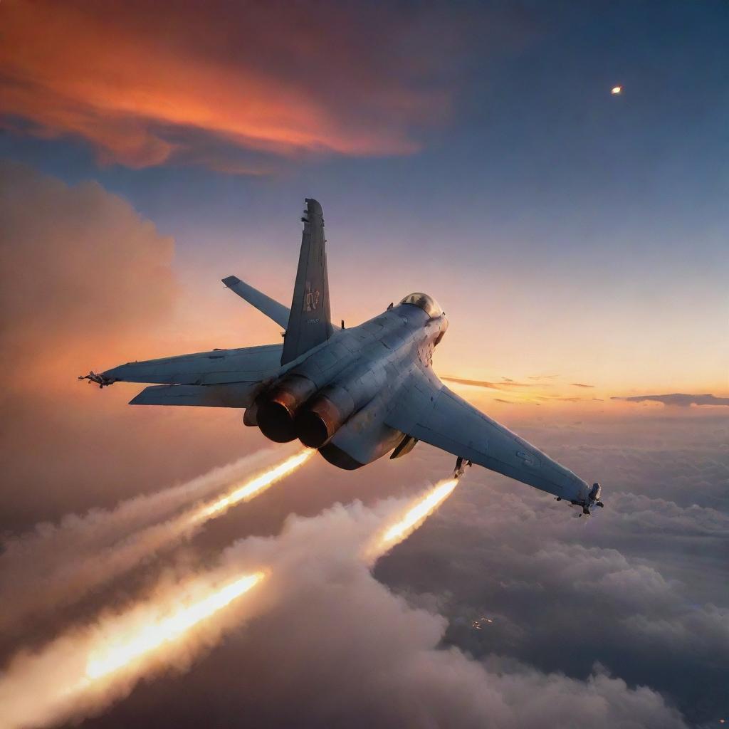 A valiant fighter jet pilot mid-action, skillfully maneuvering their aircraft to take down six incoming enemy jets enveloped in a fiery twilight sky