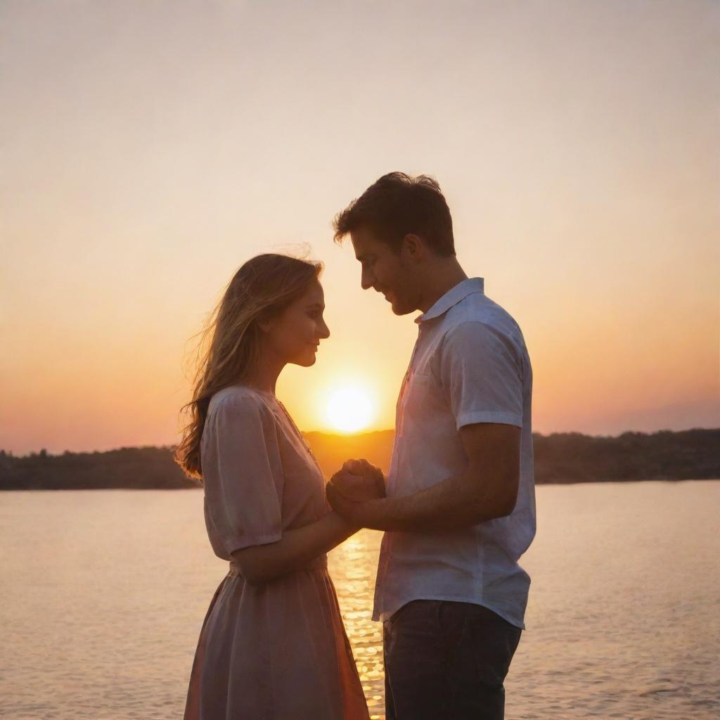 A loving couple standing together in a picturesque sunset scenery, their hands intertwined.