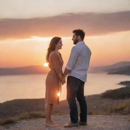 A loving couple standing together in a picturesque sunset scenery, their hands intertwined.