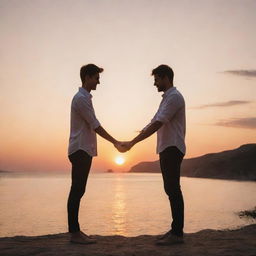 A loving couple standing together in a picturesque sunset scenery, their hands intertwined.