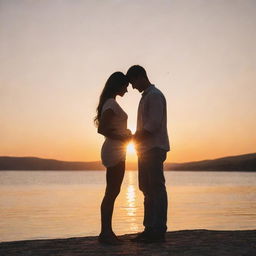 A loving couple standing together in a picturesque sunset scenery, their hands intertwined.