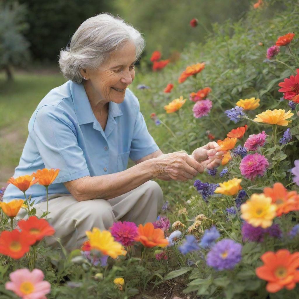 A caregiver tenderly tending to a vibrant patch of flowers, using nurturing gestures that symbolize the care and devotion given to children.