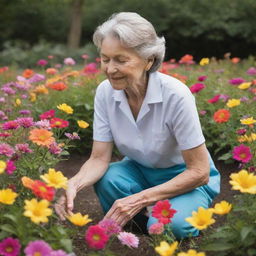 A caregiver tenderly tending to a vibrant patch of flowers, using nurturing gestures that symbolize the care and devotion given to children.