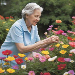 A caregiver tenderly tending to a vibrant patch of flowers, using nurturing gestures that symbolize the care and devotion given to children.