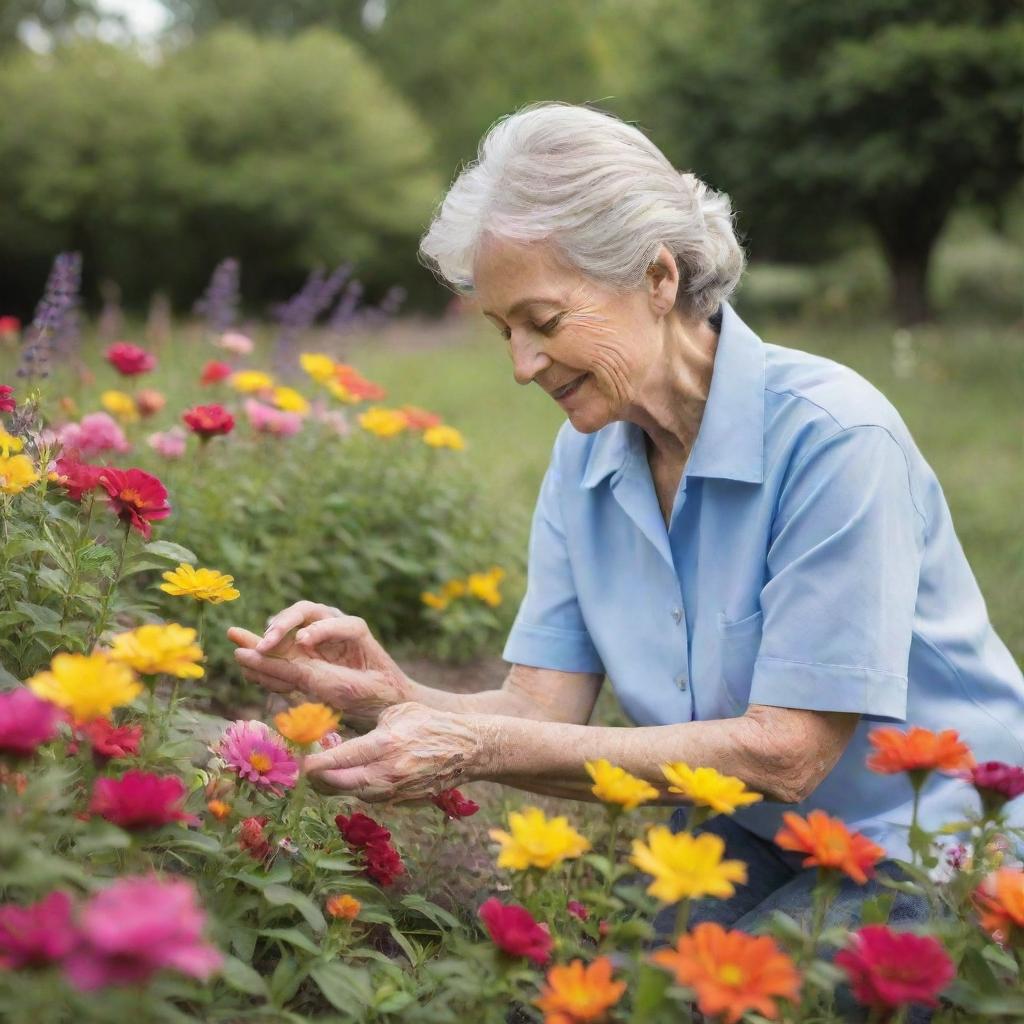 A caregiver tenderly tending to a vibrant patch of flowers, using nurturing gestures that symbolize the care and devotion given to children.