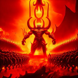 A formidable demon king levitating with a fiery aura in the fiery landscape of hell, commanding legions of demonic soldiers.