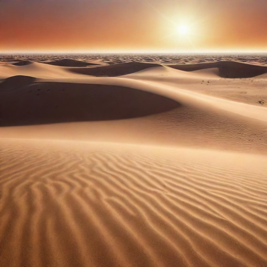 A representation of extreme heat, perhaps a shimmering desert scene at high noon with sand dunes glowing under the scorching sun and mirages distorting the horizon.