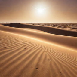 A representation of extreme heat, perhaps a shimmering desert scene at high noon with sand dunes glowing under the scorching sun and mirages distorting the horizon.