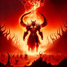 A formidable demon king levitating with a fiery aura in the fiery landscape of hell, commanding legions of demonic soldiers.