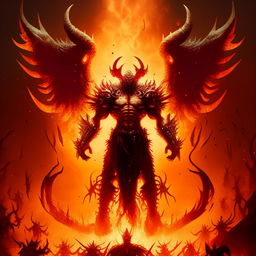 Add massive, intimidating demonic wings to the demon king levitating with a fiery aura in hell, commanding his army.