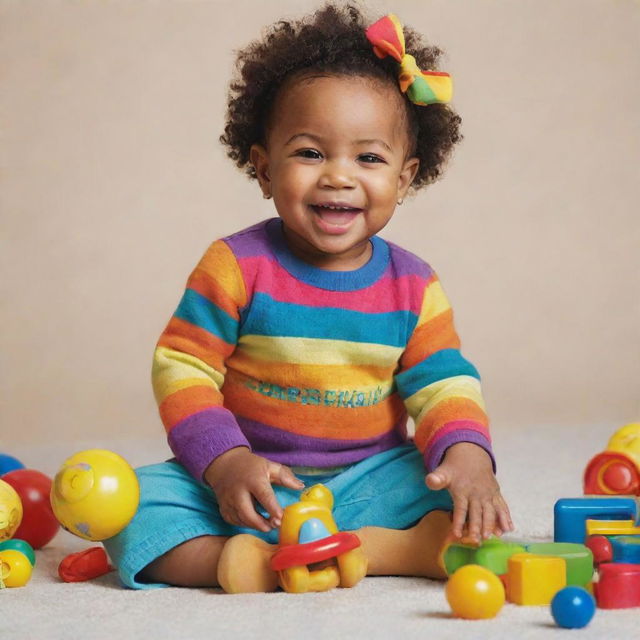 Generate an image of a smiling 3-year-old African-American toddler dressed in colorful clothing playing with toys.