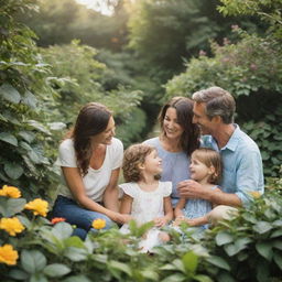 A heartwarming snapshot of a family, including parents and children, sharing a beautiful moment together in a vibrant, lush garden.