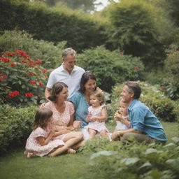 A heartwarming snapshot of a family, including parents and children, sharing a beautiful moment together in a vibrant, lush garden.