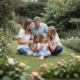 A heartwarming snapshot of a family, including parents and children, sharing a beautiful moment together in a vibrant, lush garden.