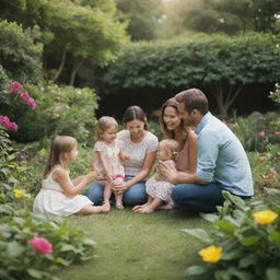 A heartwarming snapshot of a family, including parents and children, sharing a beautiful moment together in a vibrant, lush garden.